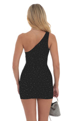 Rhinestone One Shoulder Dress in Black