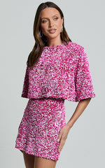 Reah Two Piece Set - Tie Back Top and High Waisted Sequin Mini Skirt in Pink