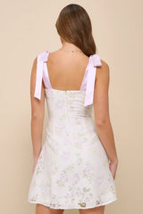 Sweeten the Day Cream Floral Burnout Tie-Strap Mini Dress