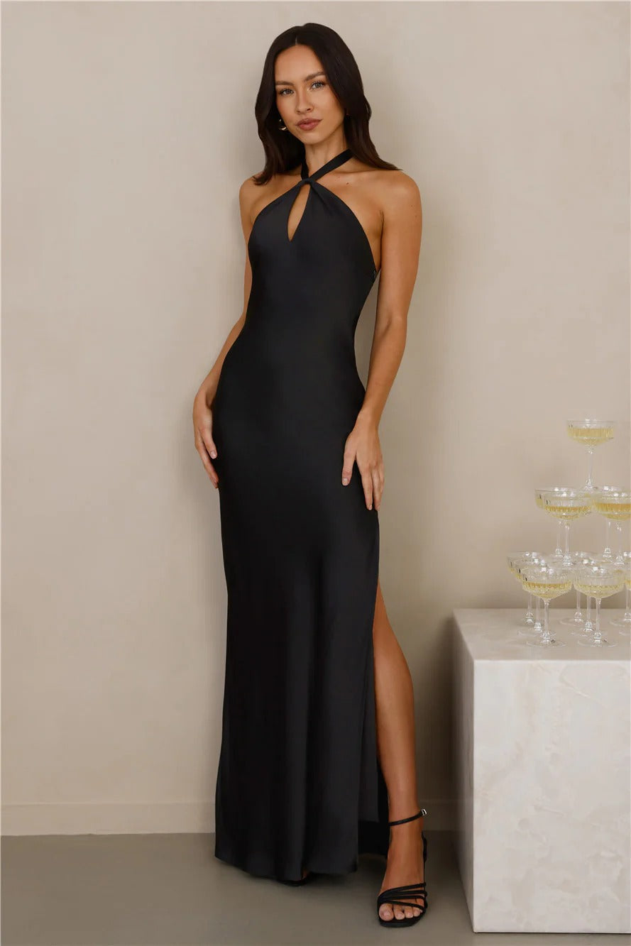 The Delilah Satin Halter Maxi Dress Black