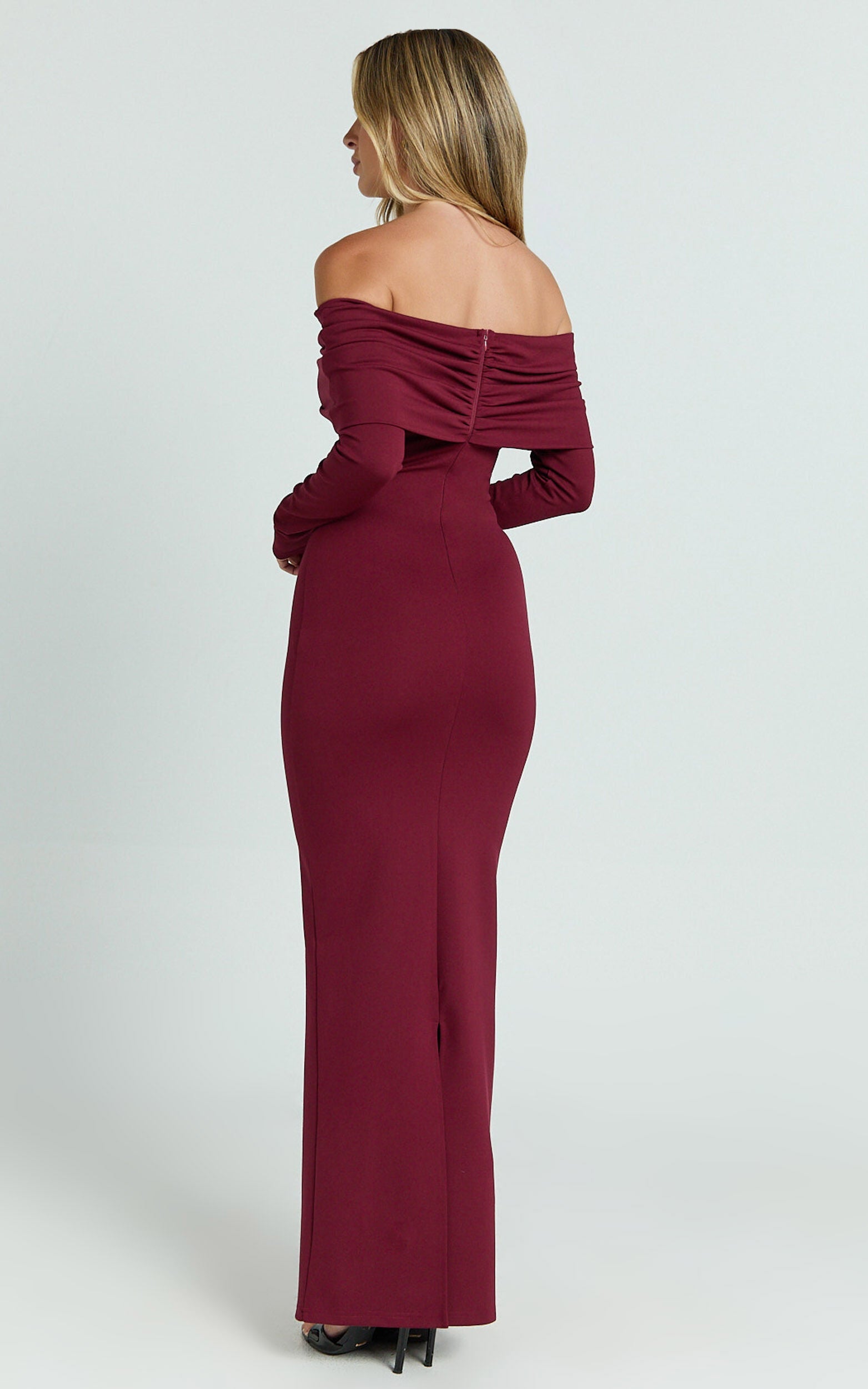 Rani Maxi Dress - Off Shoulder Long Sleeve Bodycon Dress in Wine