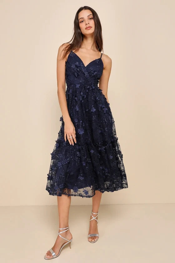 Springtime Soiree Navy Black Sequin 3D Floral Applique Midi Dress