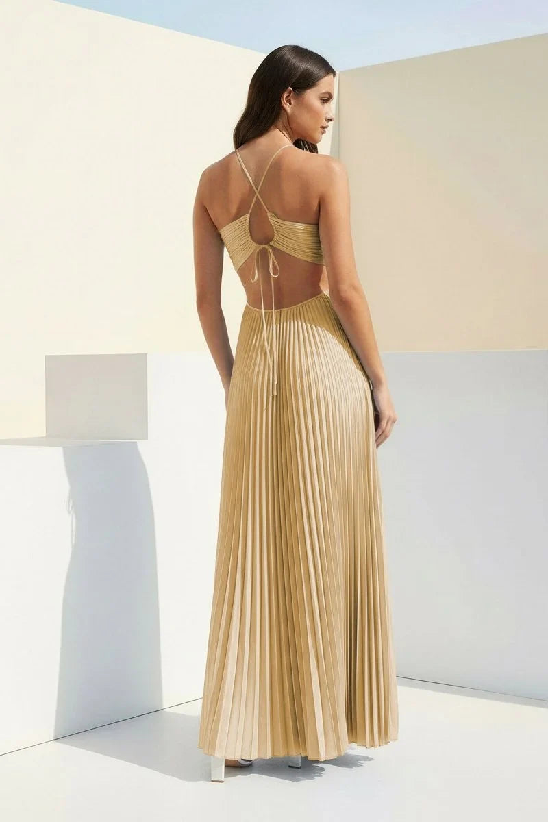 Sky Blue Halter Pleated Satin A Line Prom Dresses With Cutout