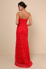 Romantic Beauty Red Floral Embroidered Strapless Maxi Dress