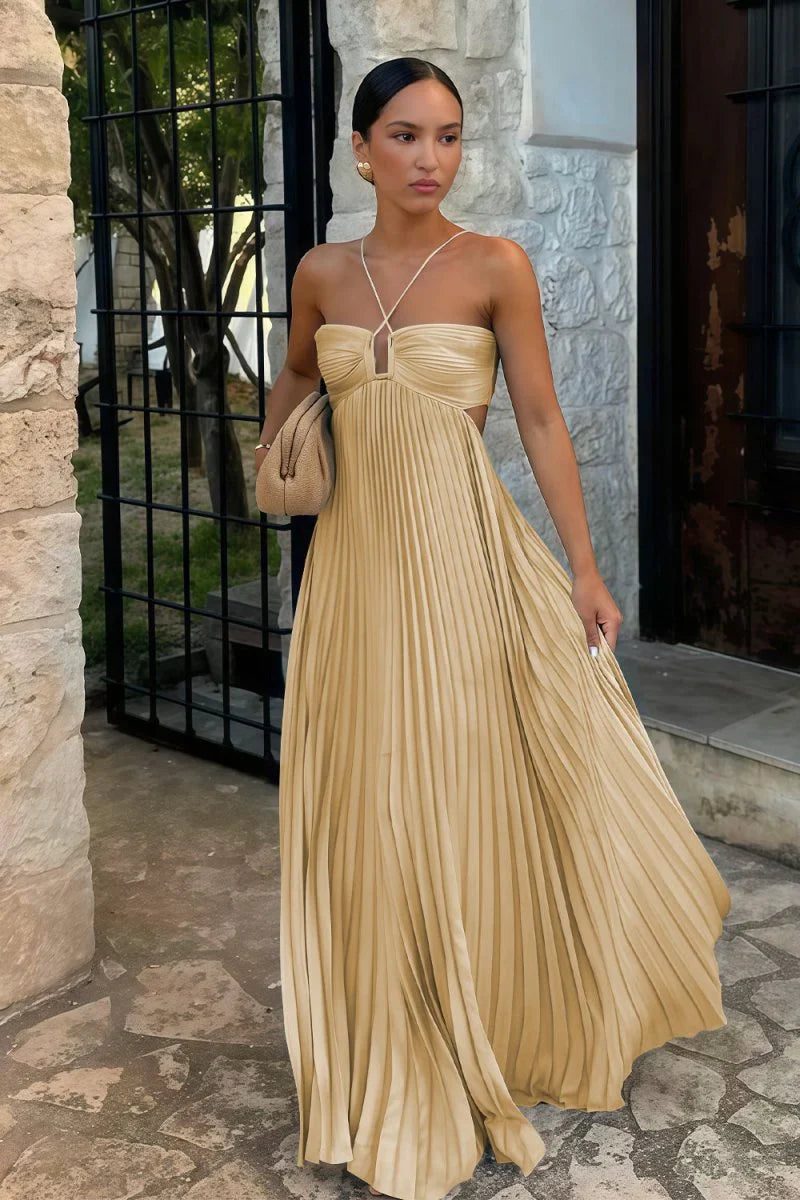 Sky Blue Halter Pleated Satin A Line Prom Dresses With Cutout