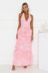 Tropical Bloom Halter Tiered Maxi Dress Pink
